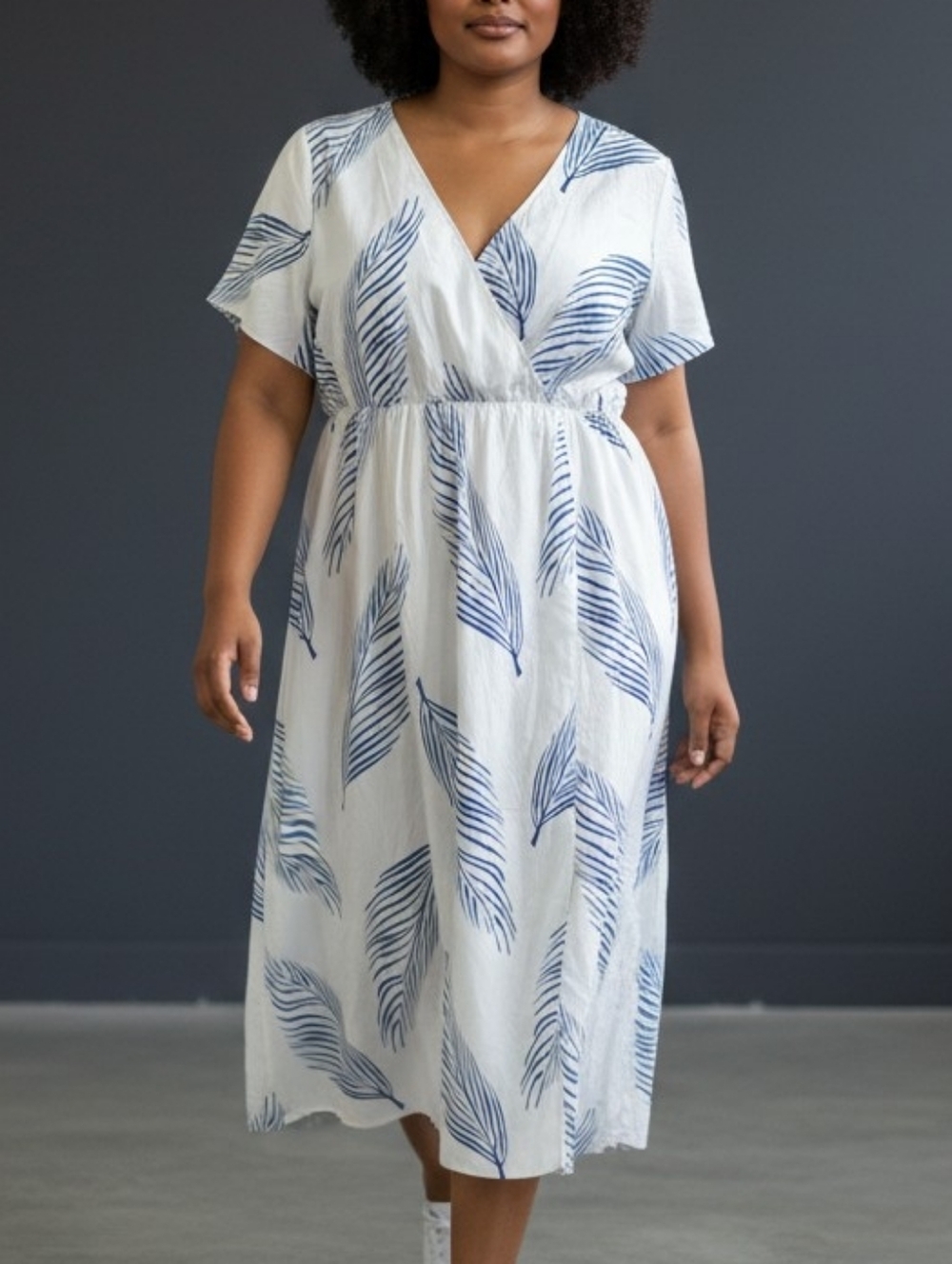 White V-neck Midi Dress with Blue Leaf Print